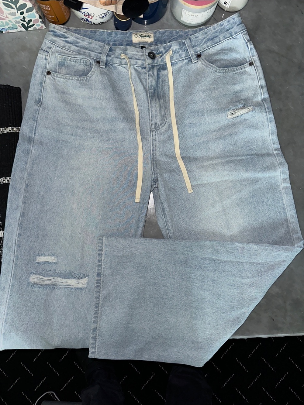 Light Wash Wide-Leg Jeans with Drawstring Waist